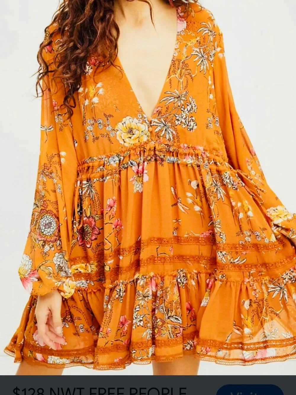 Smocked Waist Floral Long-Sleeve Dress - Mustard